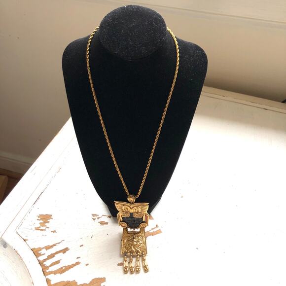 Vintage Rare Salvador Teran Marbel Mexico Signed Aztec Warrior Pendant Necklace - Picture 1 of 7